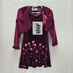 New Zoey Girls 2 PC Piece Dress Jacket Blazer Burgundy Red Pink Flower Velvet 4T